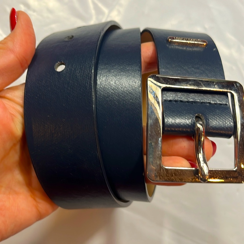 Calvin Klein BLUE Belt SILVER SQUARE LOGO BUCKLE office business career S womens
